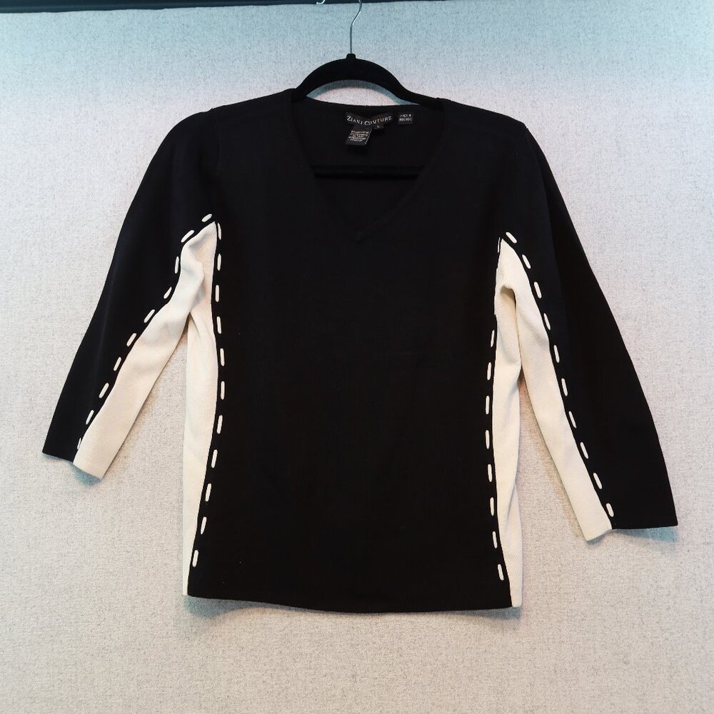 ZIANI COUTURE Black with White Stripe Sides Rayon Knit Top, Sz L